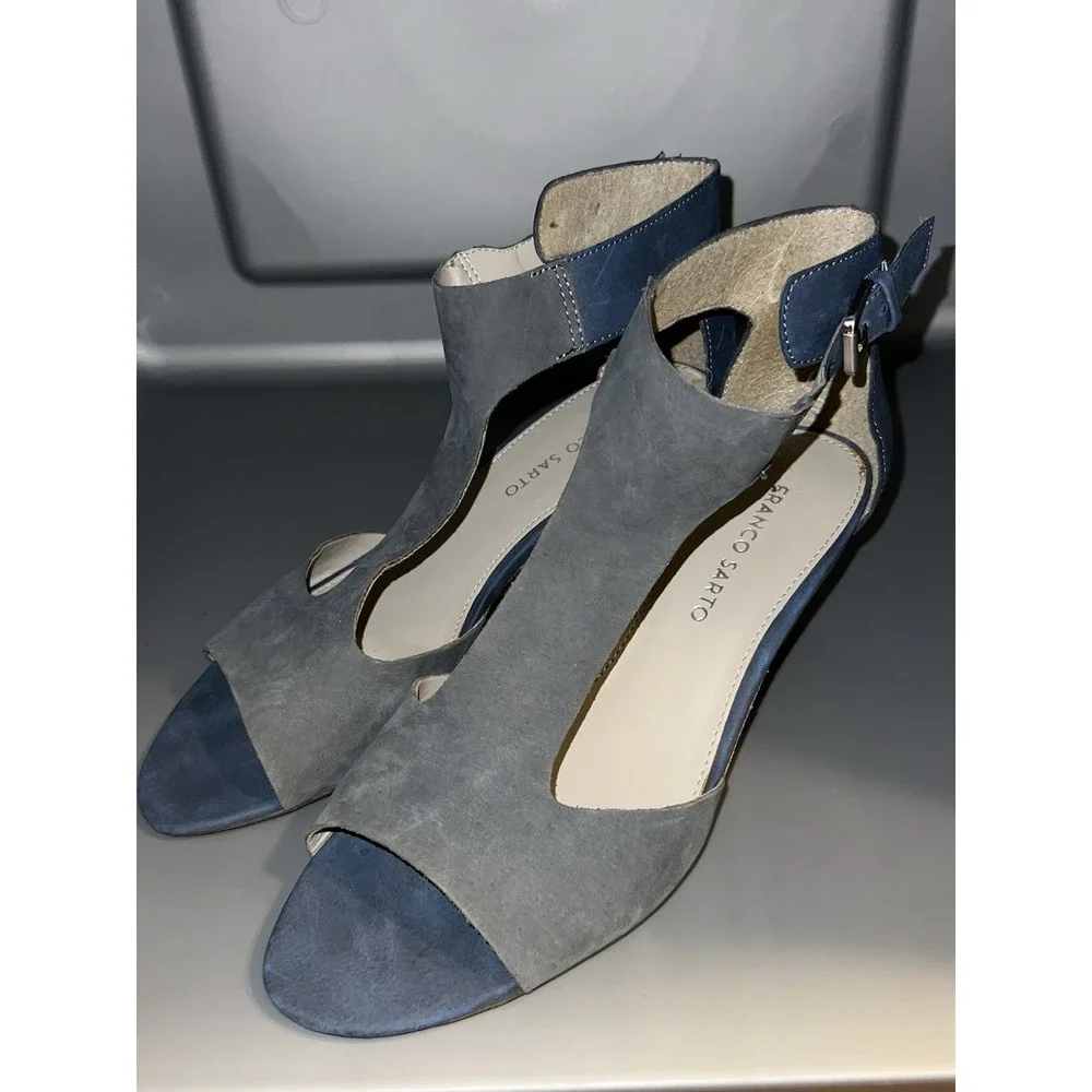 Franco Sarto Glamour Blue/Gray Suede Cork Platform‎ Wedge Sandals SZ 9M